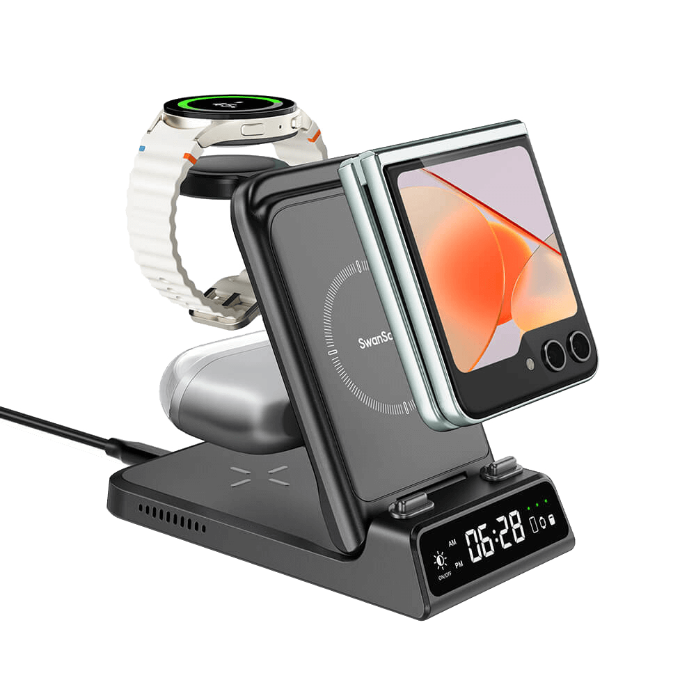 The SwanScout 703F is a sleek charging station with clock that supports wireless charging for the Samsung Z Flip 6.