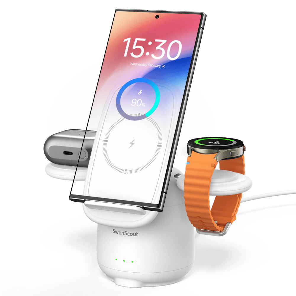 SwanScout 707S is a stable and elegant 3-in-1 wireless charger compatible with Samsung devices.