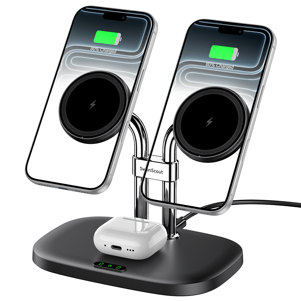 SwanScout 706M is a black magnetic dual phone wireless charger compatible with the iPhone 16e.