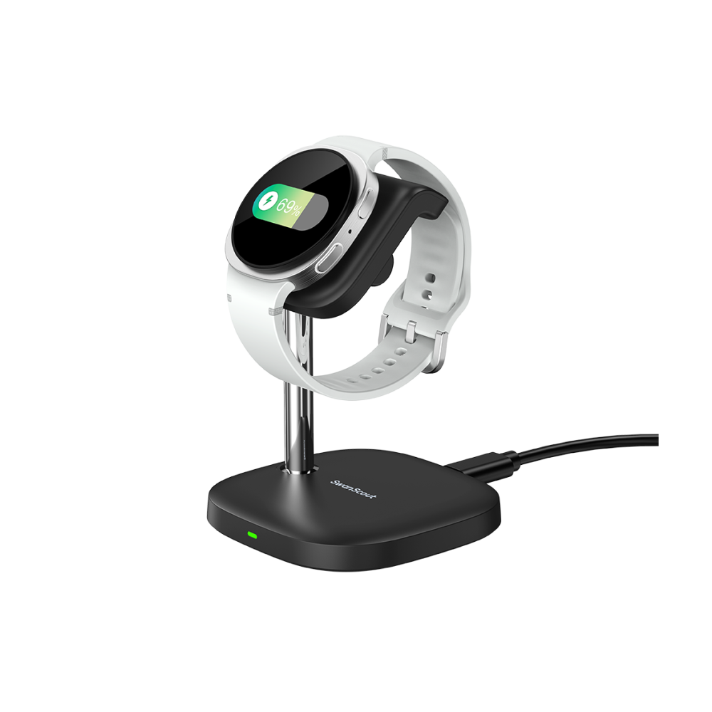 SwanScout 505S wireless charger stand for Samsung Galaxy Watch 8 and Ultra, featuring a vertical design for easy viewing while charging.