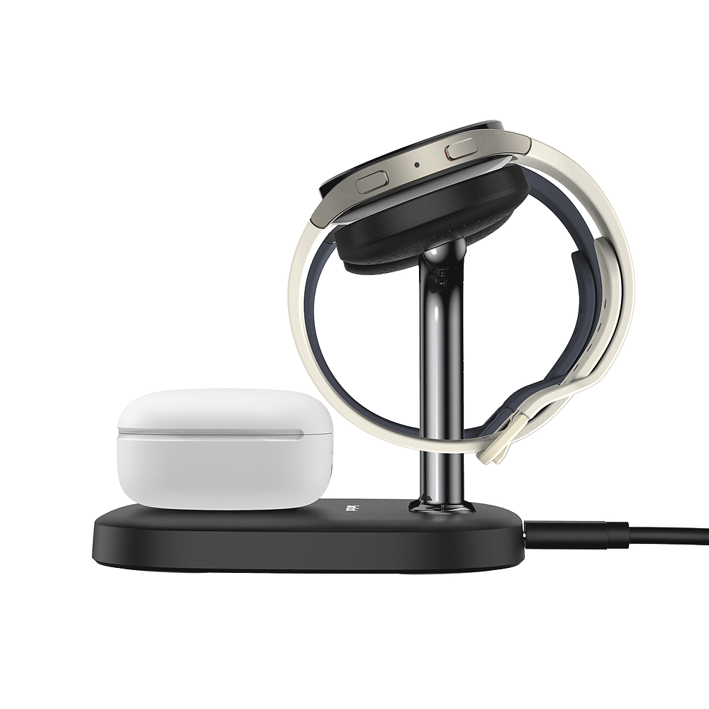 Side view of the black SwanScout 704S showing its ergonomic nightstand mode, keeping Samsung Galaxy Watches organized and accessible while charging.
