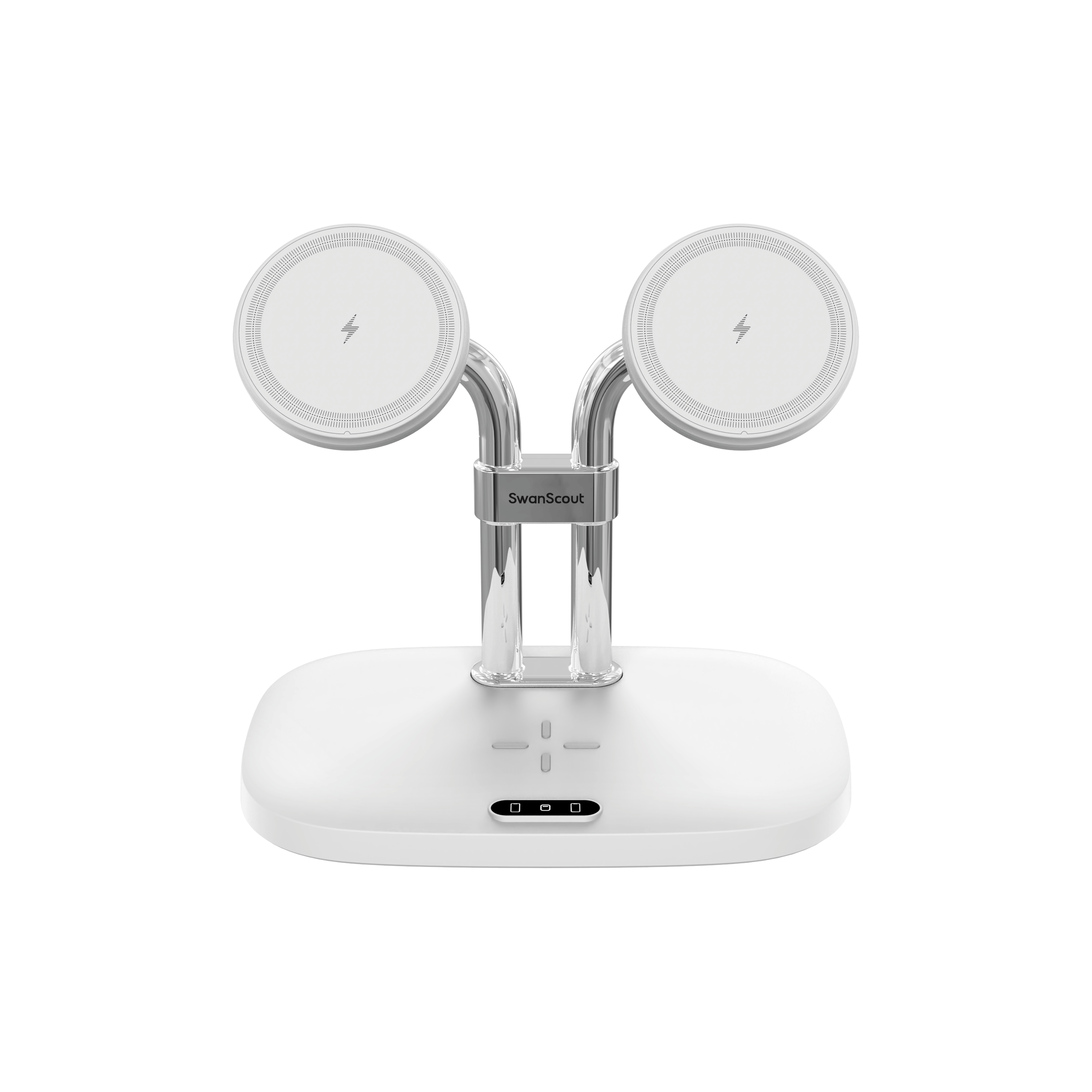 Front view of the white SwanScout 706M, showing the dual magnetic mounting points and the dedicated base for AirPods 4 and Pro series.