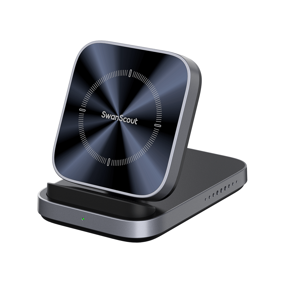 SwanScout 508 series horizontal-only wireless charger optimized for landscape video viewing and calls.