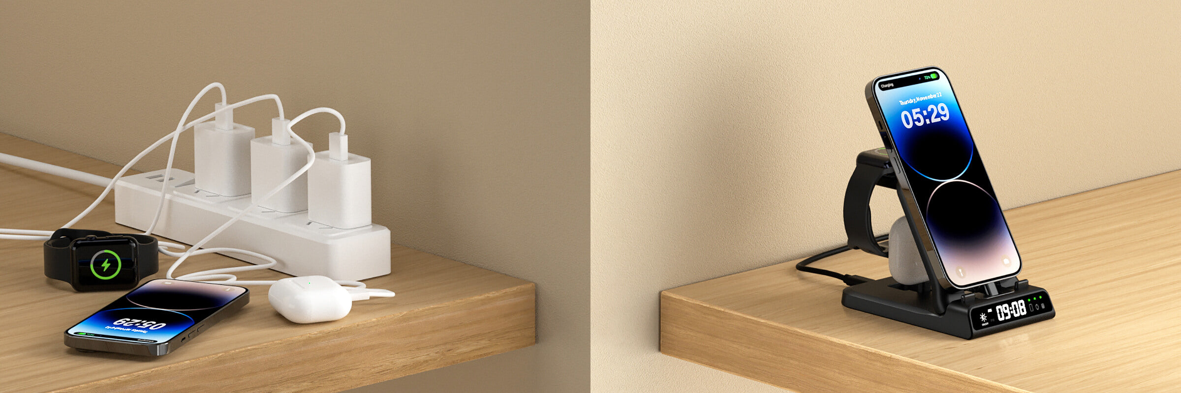 Combining elegant design with daily utility, the swanscout 701A is an iPhone and watch alarm clock charger suited for home or office use.