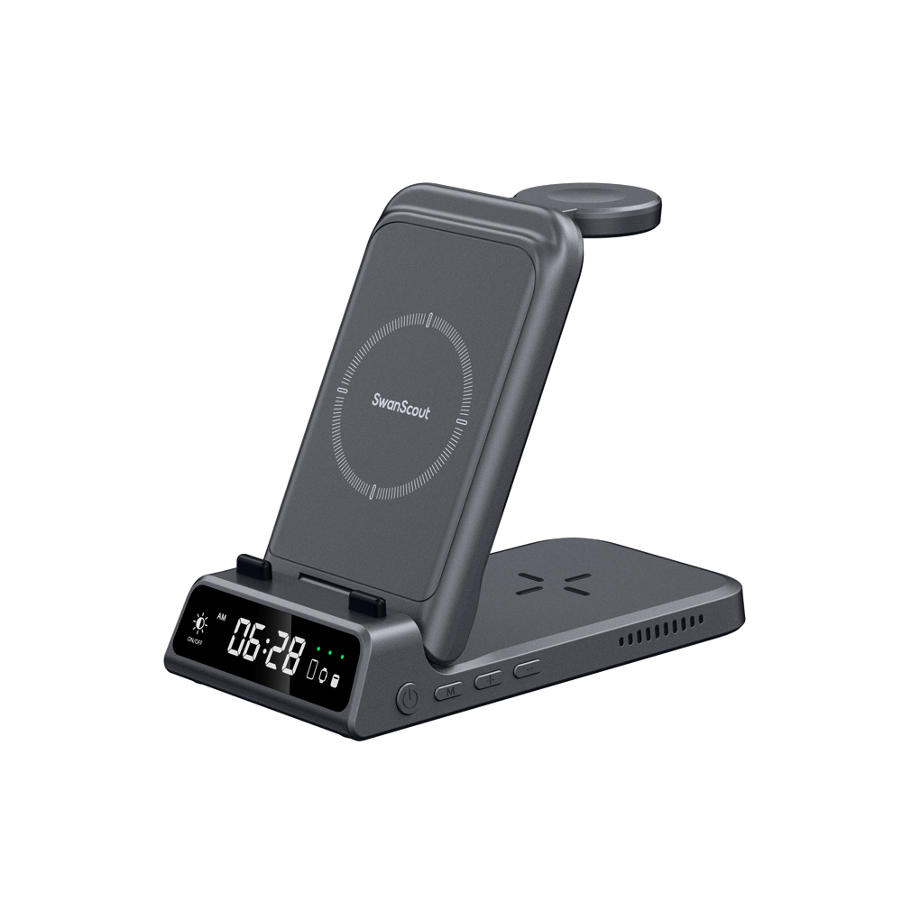 SwanScout 703A – 3 w 1 bezprzewodowa ładowarka do Apple z zegarem
