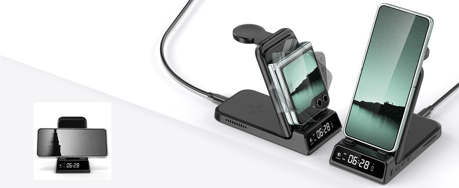 Pair your Samsung Z Flip 6 with the SwanScout 703F, a clock-integrated charger that merges utility with refined design.