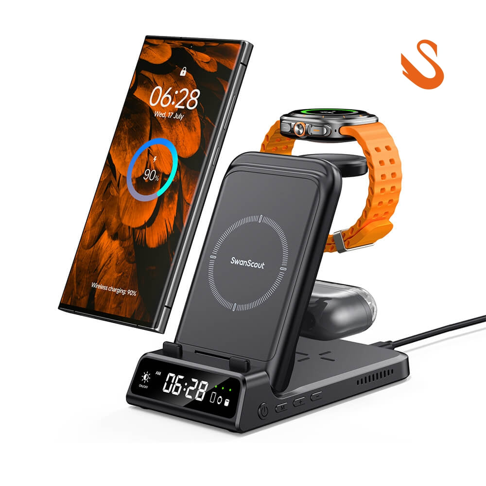 SwanScout 703S - 3 в 1 безжично зарядно за Samsung с часовник