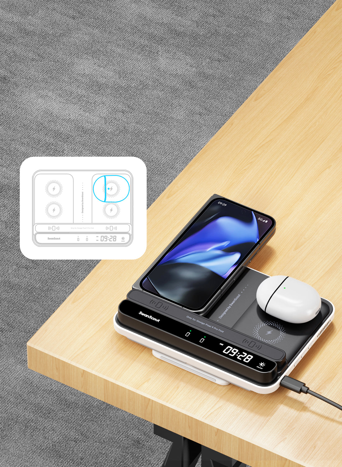 Designed for Pixel devices, the SwanScout 710FG2 is a powerful Google Pixel wireless charger built with precision and style.