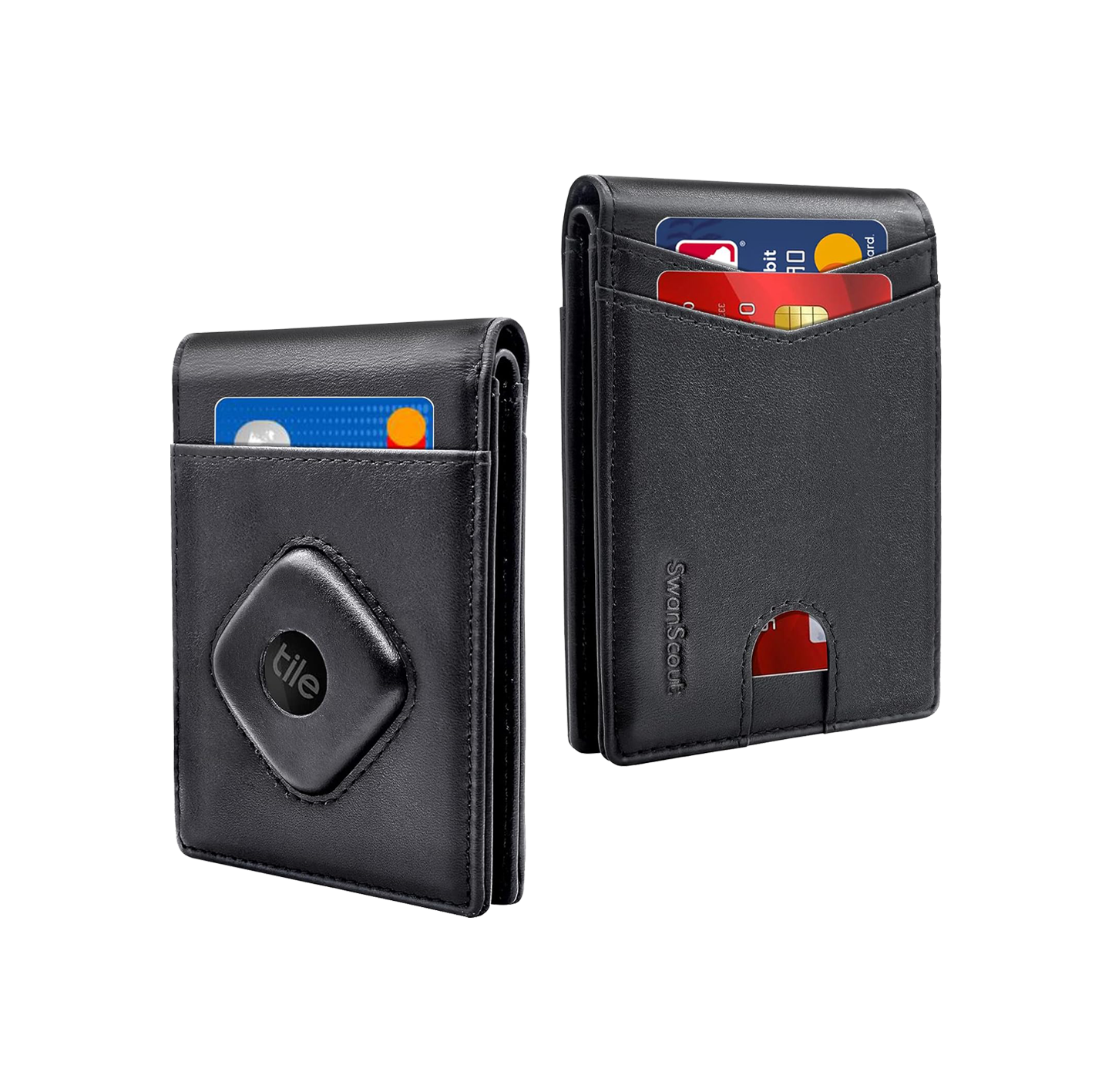 Slim black SwanScout 102T wallet with a dedicated secure pocket for Tile Mate Bluetooth tracker, ensuring your essentials are always locatable