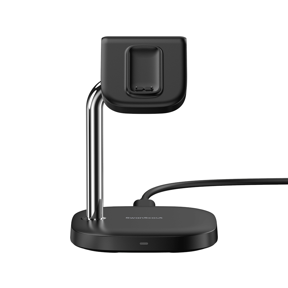 SwanScout 505FC charging stand with palladium-coated pins for Fitbit Charge 6, 5, and Luxe models, anti-oxidation design.