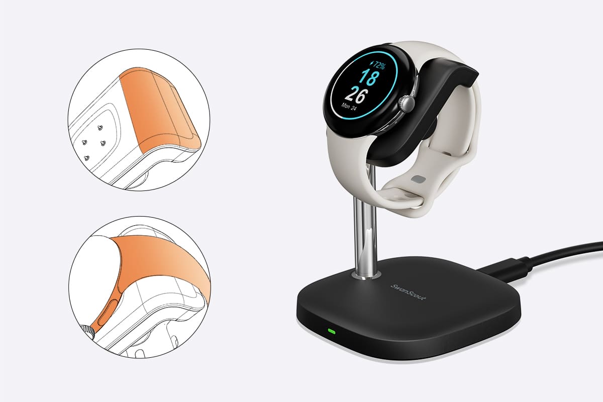 Watch band support keeps Pixel Watch securely positioned for stable charging on the SwanScout 505G2