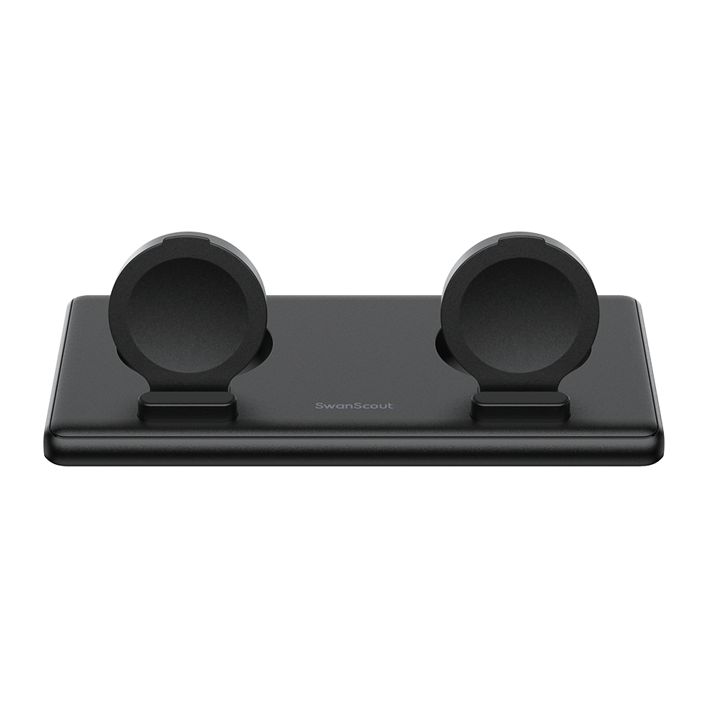 Front view of the opened SwanScout 507DS stand, perfect for couples or families to charge two Samsung Galaxy watches overnight together