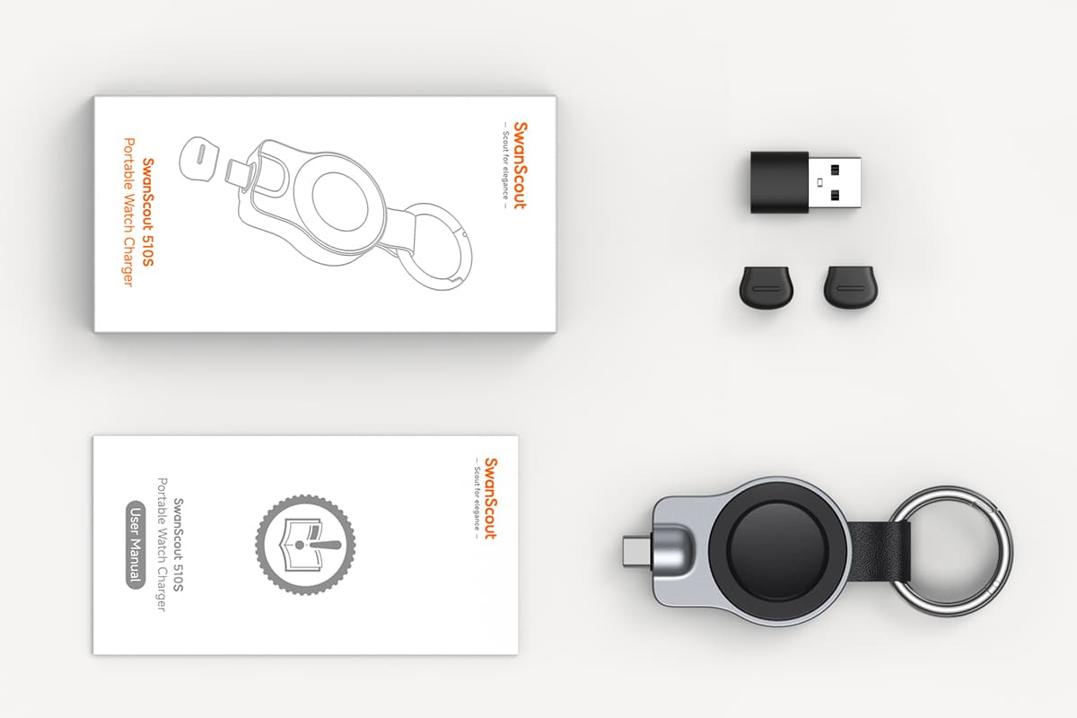 Samsung Galaxy Watch charger package includes USB-A adapter silicone caps user manual and warranty card SwanScout 510S