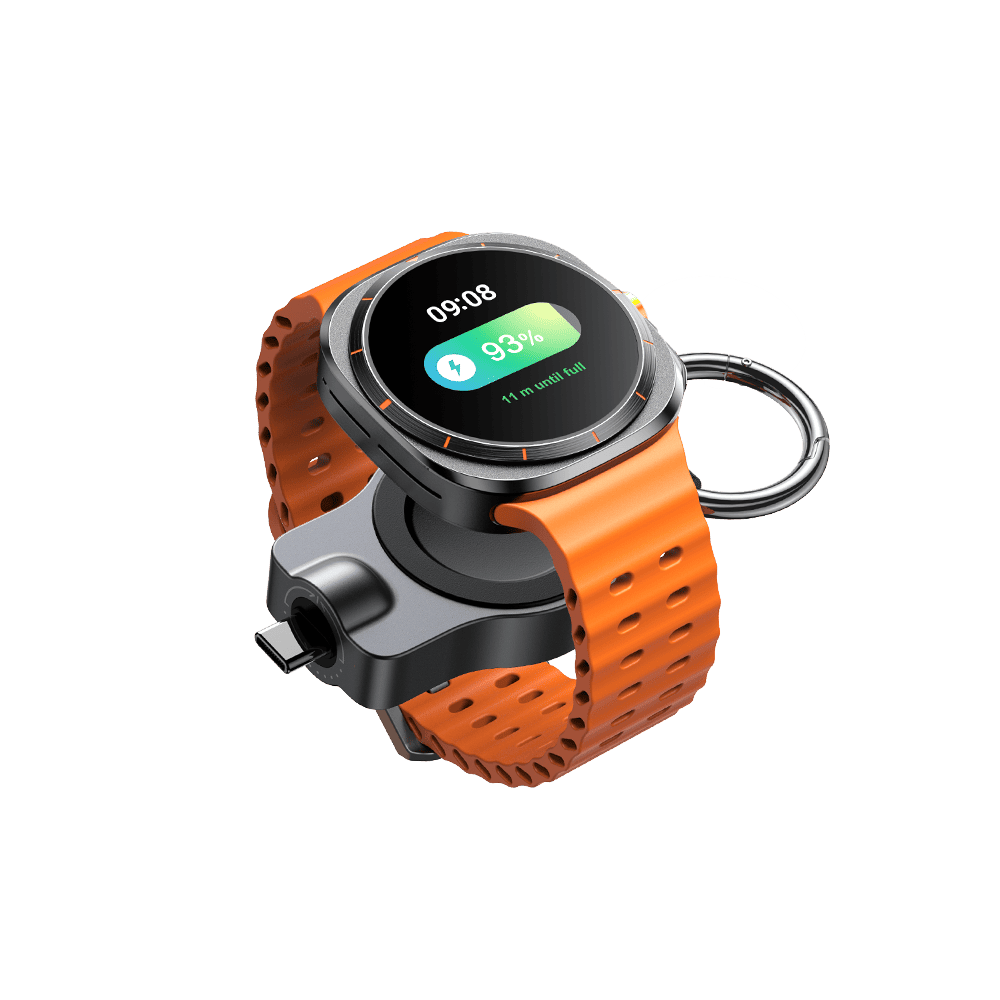 USB-C charger for Samsung Galaxy Watch left front view with Galaxy Watch SwanScout 510S