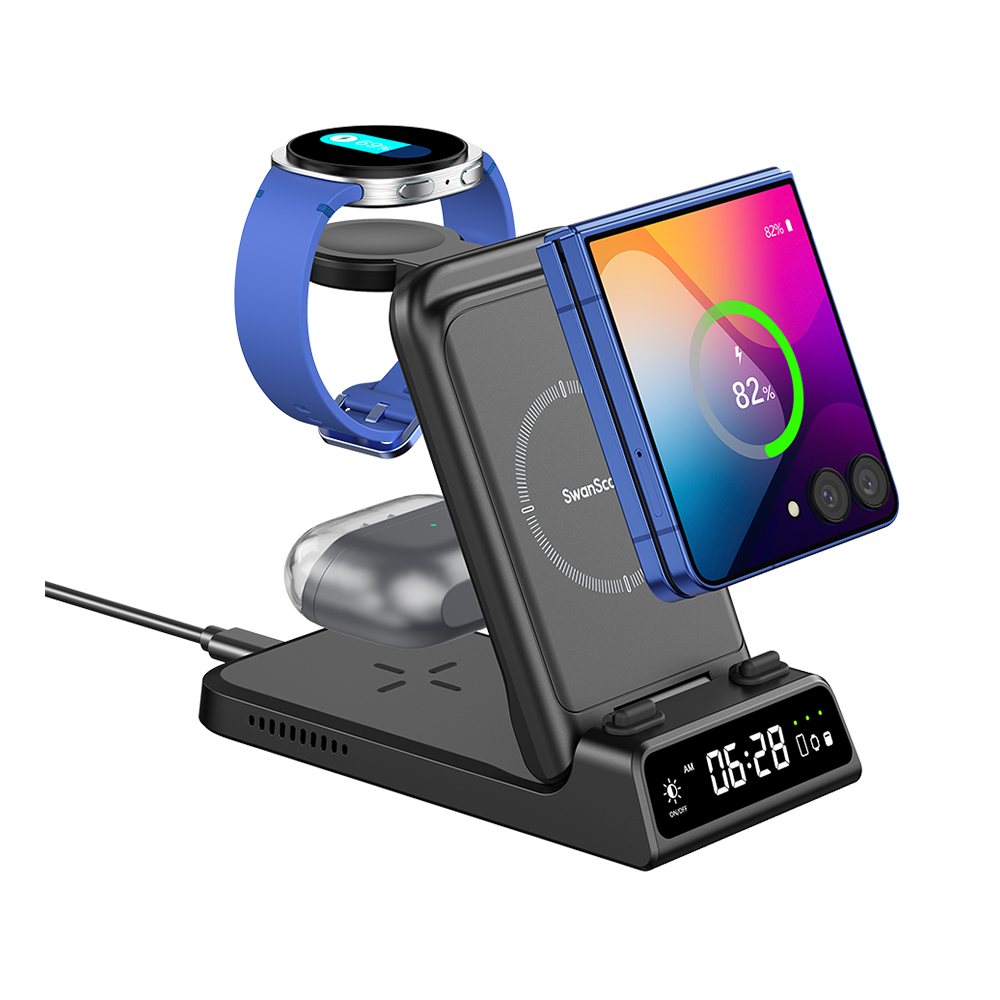 Caricatore Wireless per Samsung Z Flip 7/7 FE/6/5/4/3, Stazione di ricarica 3-in-1 per Galaxy Watch 8 Classic/8/Ultra/7/FE/6/5/4, SwanScout 713F (Senza Adattatore Caricatore Wireless per Samsung Z Flip 7/7 FE/6/5/4/3, Stazione di ricarica 3-in-1 per Galaxy Watch 8 Classic/8/Ultra/7/FE/6/5/4, SwanScout 713F (Senza Adattatore