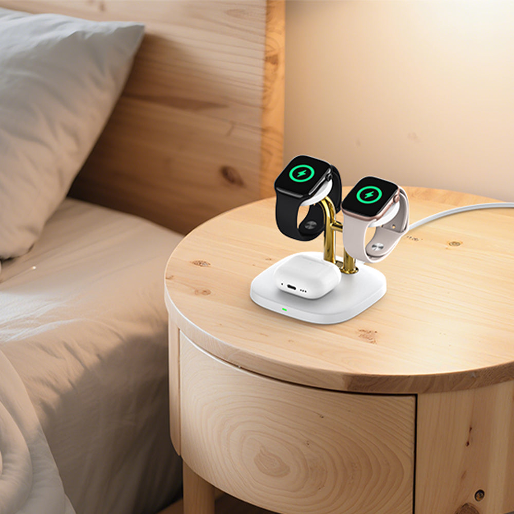 Dual Apple Watch and AirPods charging on a bedside table with SwanScout 704A