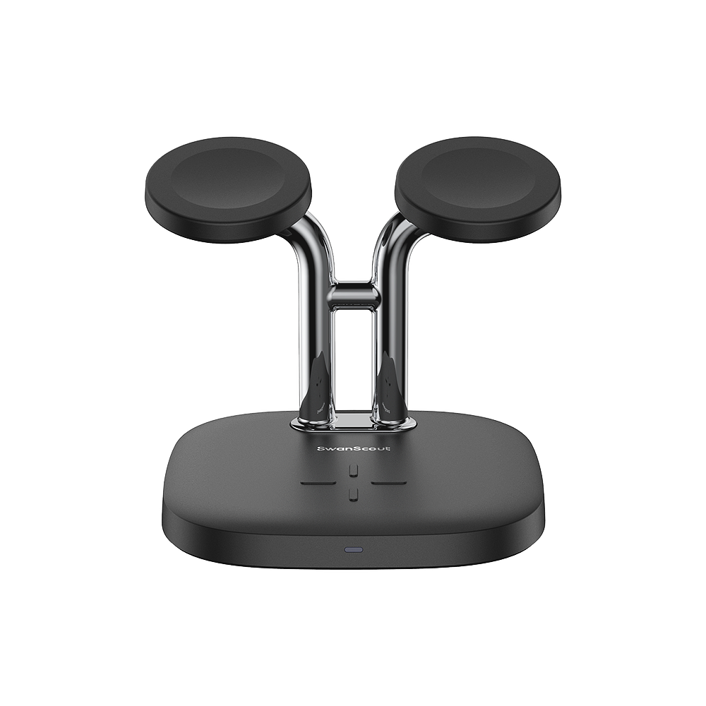 SwanScout 704S dual watch wireless charger stand for Samsung, with space for Samsung Galaxy Watch and earbuds, black design