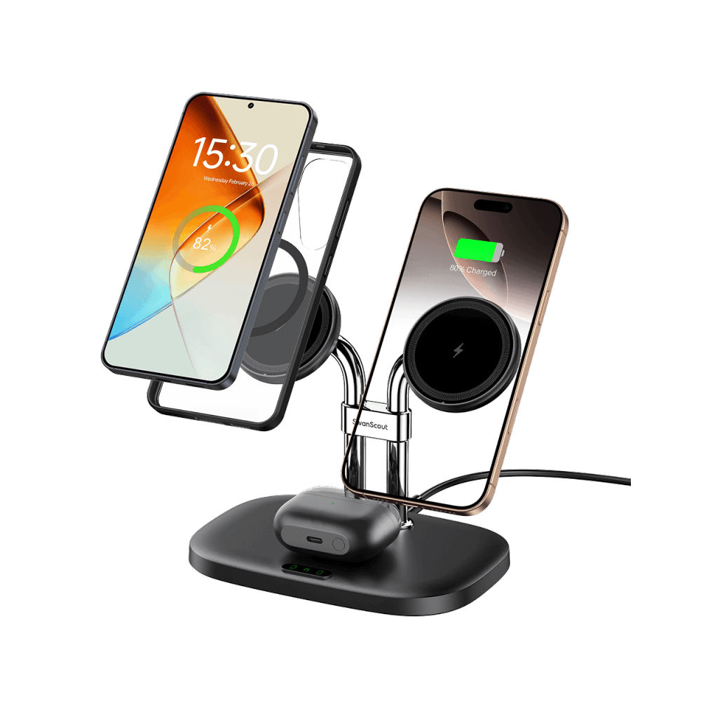 SwanScout 706SM dual magnetic charger efficiently charging a Galaxy S24 and Galaxy Buds 3 Pro, ideal for multi-device setups