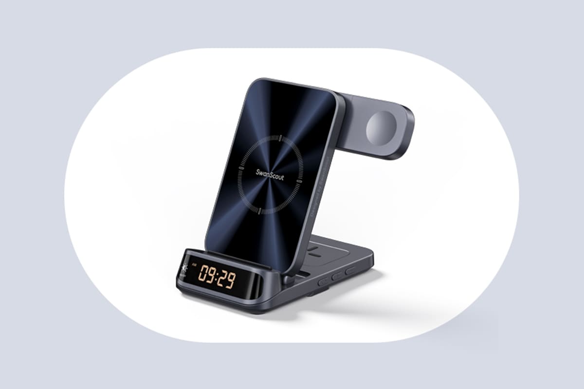 UV transfer printing and metal coating finish on the SwanScout 708A 3-in-1 wireless charger