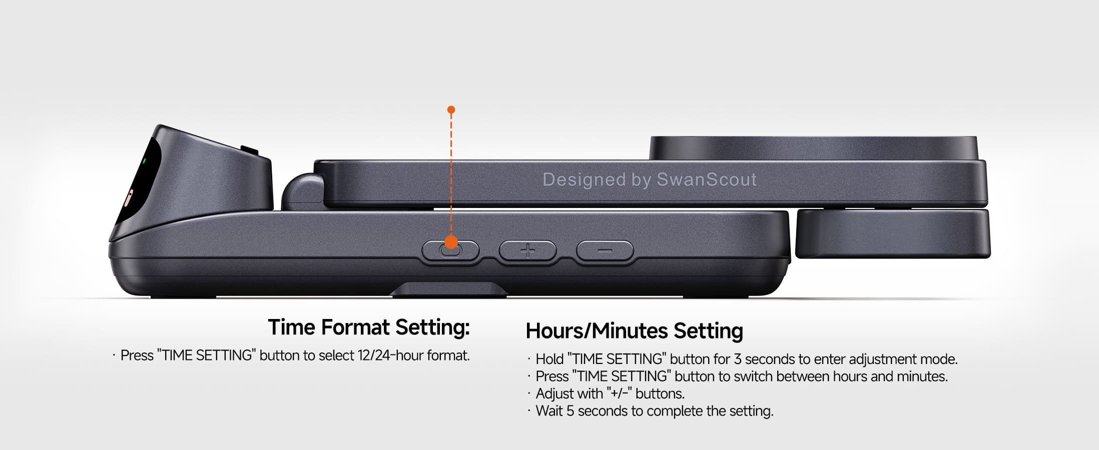 Step by step guide to set the clock time on the wireless charging station with LED display using SwanScout 708M-25W