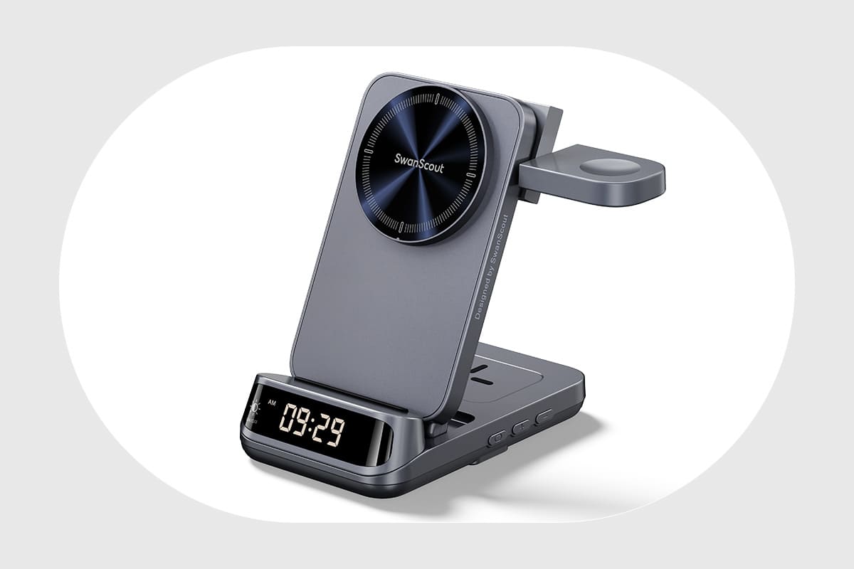 Patented elegant design with UV transfer and metal coating finish showing the adjustable watch charging stand in horizontal charging mode using SwanScout 708M-25W