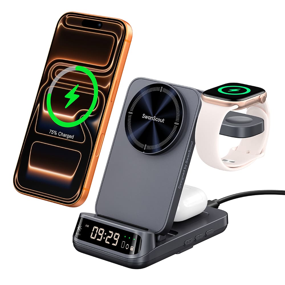 SwanScout 708M-25W - Caricatore wireless magnetico rapido 3-in-1 da 25W per dispositivi Apple