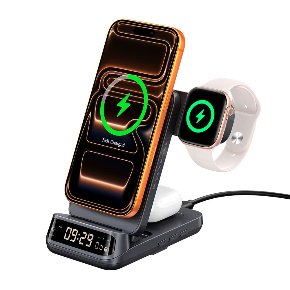 SwanScout 708M-25W - Caricatore wireless magnetico rapido 3-in-1 da 25W per dispositivi Apple