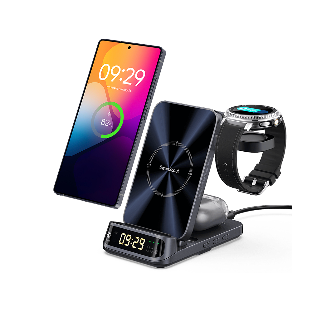 SwanScout 708S 3-in-1 wireless charging station powering a Samsung Galaxy S25 Ultra, Galaxy Watch Ultra, and Buds 3 Pro with a curved LED clock