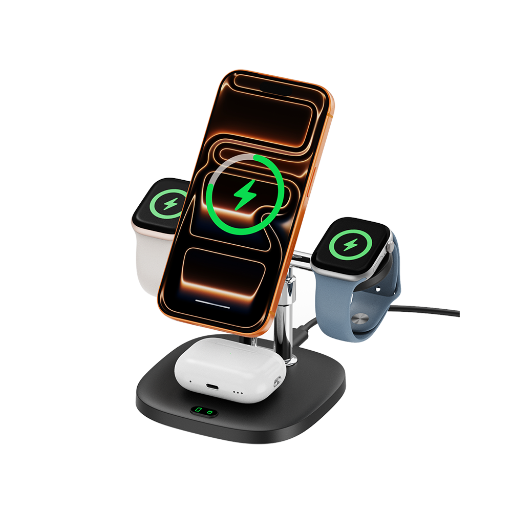 SwanScout 709M black 4-in-1 station charging one iPhone, two Apple Watches, and AirPods simultaneously with a 25W total output