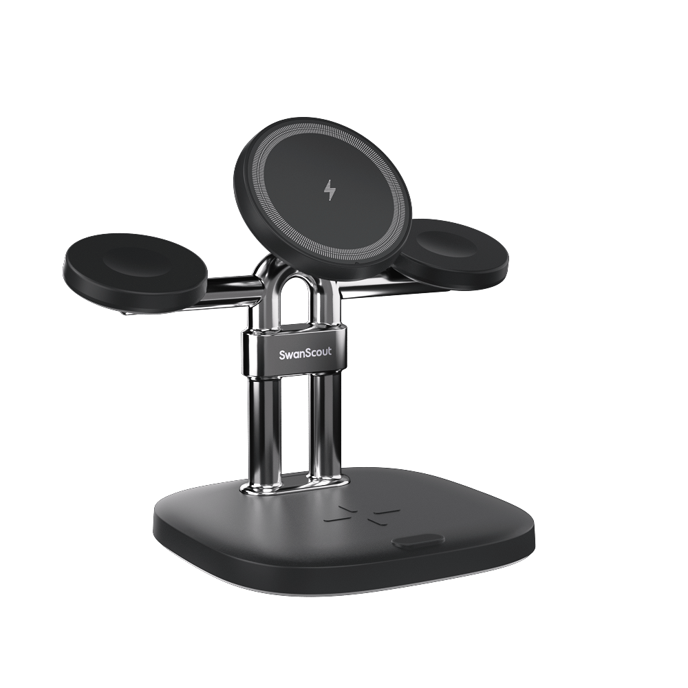 Front view of the black SwanScout 709M featuring N52 magnets for precise MagSafe alignment with iPhone 17, 16, and 15 series