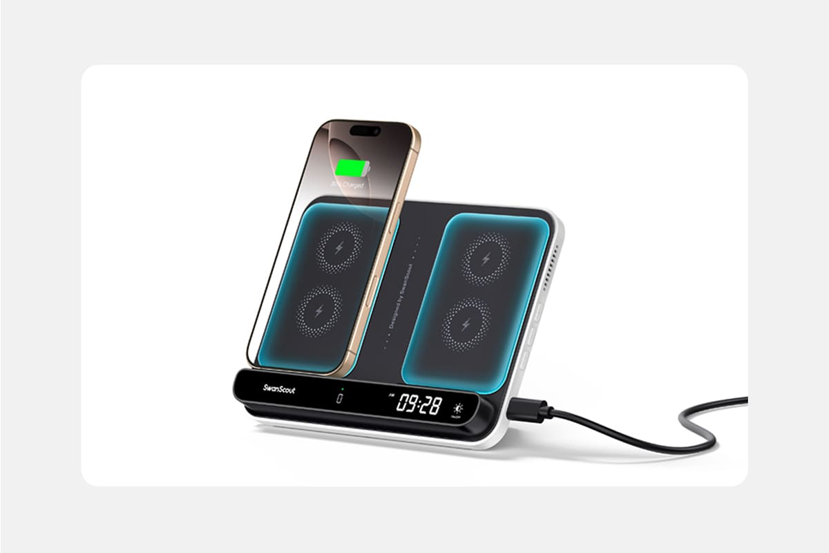 Raised dual phone charging areas for precise wireless charging on the SwanScout 710A