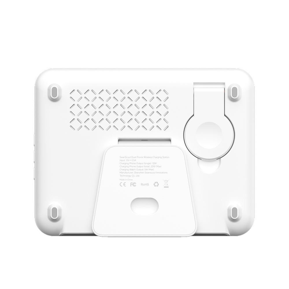 Rear view of SwanScout 710A showcasing the elegant two-tone design with a white back panel and organized watch charging module
