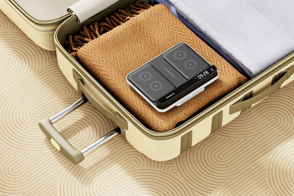 Foldable compact wireless charging station packed in luggage for travel SwanScout 710S