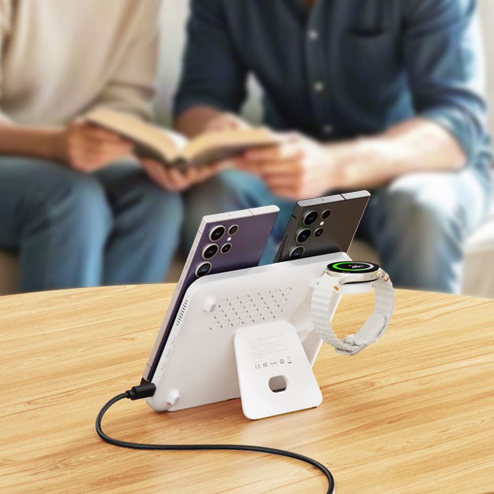 Dual phone charging station for Samsung devices on a home coffee table SwanScout 710S