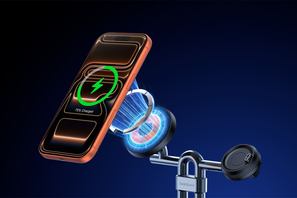 Strong magnetic alignment charging iPhone on SwanScout 712GM stand