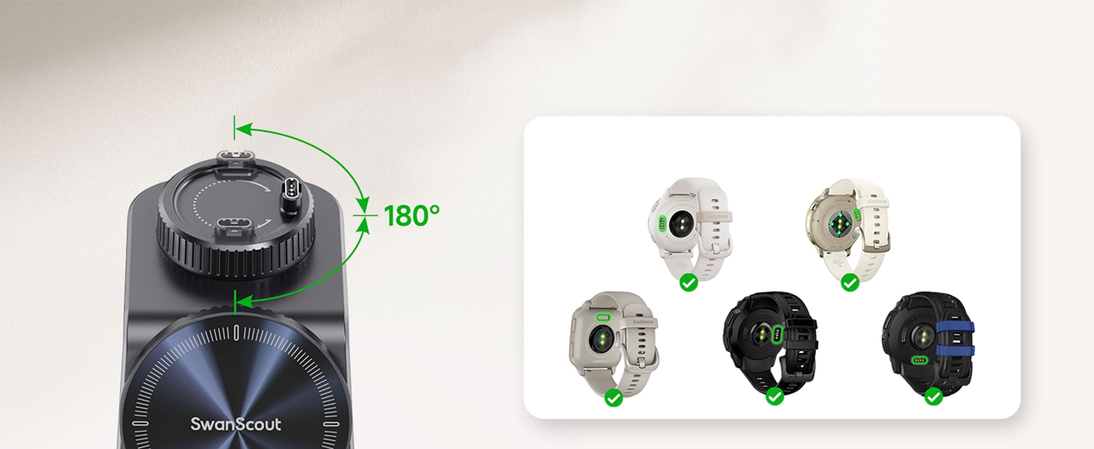 Rotating Garmin watch charger adjusts to different charging ports using SwanScout C02GM