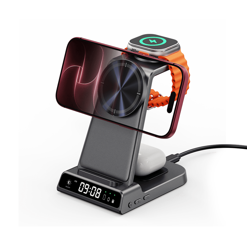 Apple wireless charger holding iPhone 18 Pro horizontally and Apple Watch SwanScout C02M