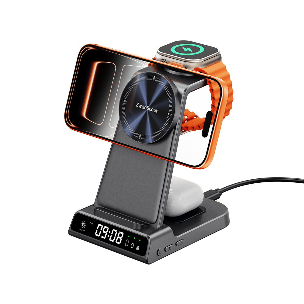 SwanScout C02M 3-in-1 magnetic charging station for Apple, wireless charger for iPhone 15, 14, 13, and MagSafe compatible.