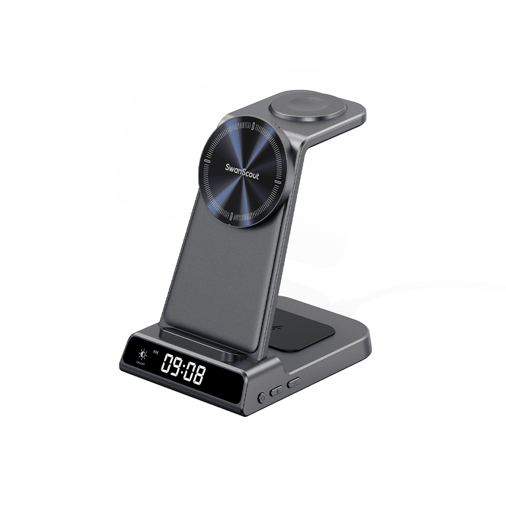 SwanScout C02M 3-in-1 magnetic charging station for Apple devices, minimal design with MagSafe compatibility.