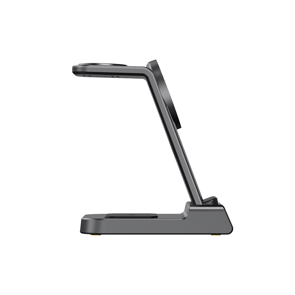 Side view of SwanScout C02M 3-in-1 magnetic charging station for Apple devices, compact and sleek design.