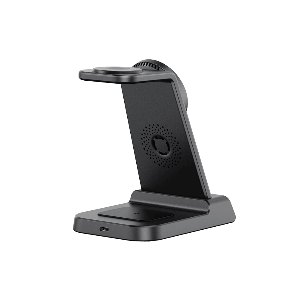 Rear view of SwanScout C02M 3-in-1 magnetic wireless charging station for Apple devices, featuring a sleek, clean design.