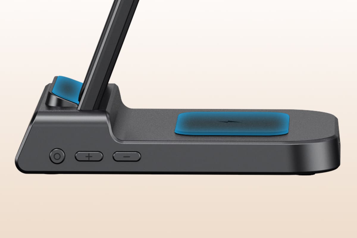 Side view of SwanScout C02MG4 base with charging areas highlighted in blue and clock buttons