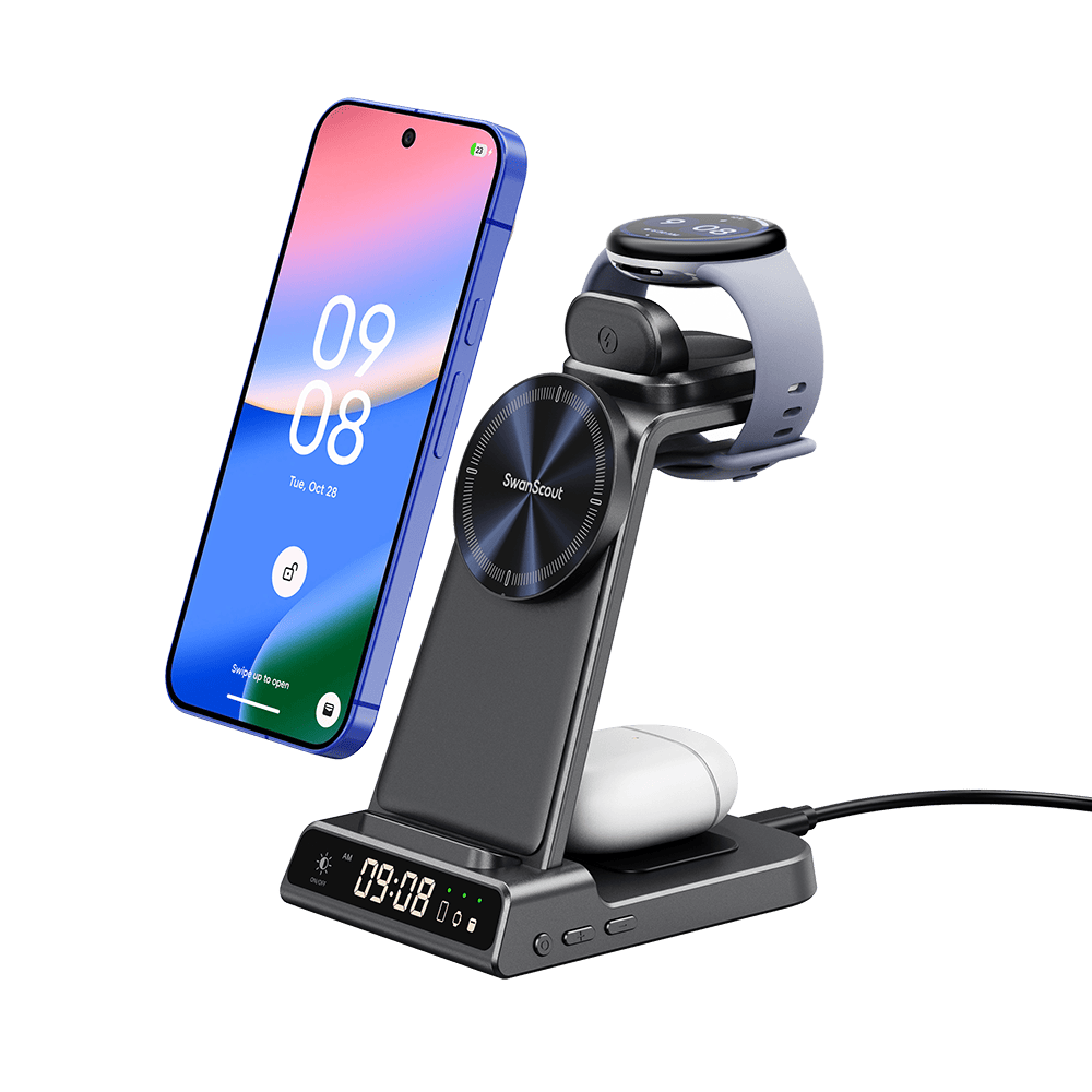SwanScout C02MG4 dock charging a Pixel phone, Pixel Watch and earbuds at the same time