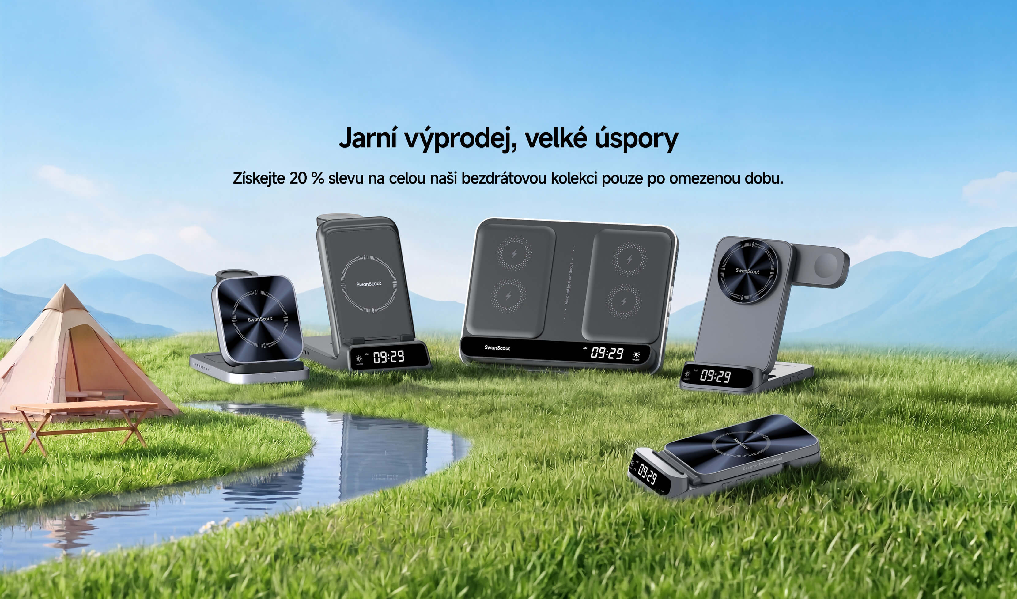 Bezdrátové nabíjecí stanice SwanScout jarní akce 2026 v přírodním prostředí s trávou a řekou