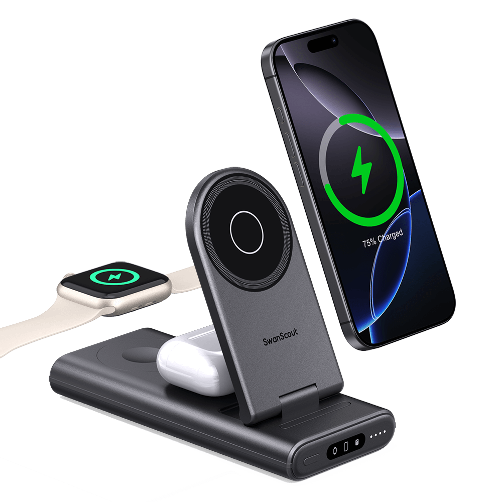 SwanScout 301M is a 3-in-1 foldable magnetic power bank, designed for seamless charging with MagSafe-compatible devices.