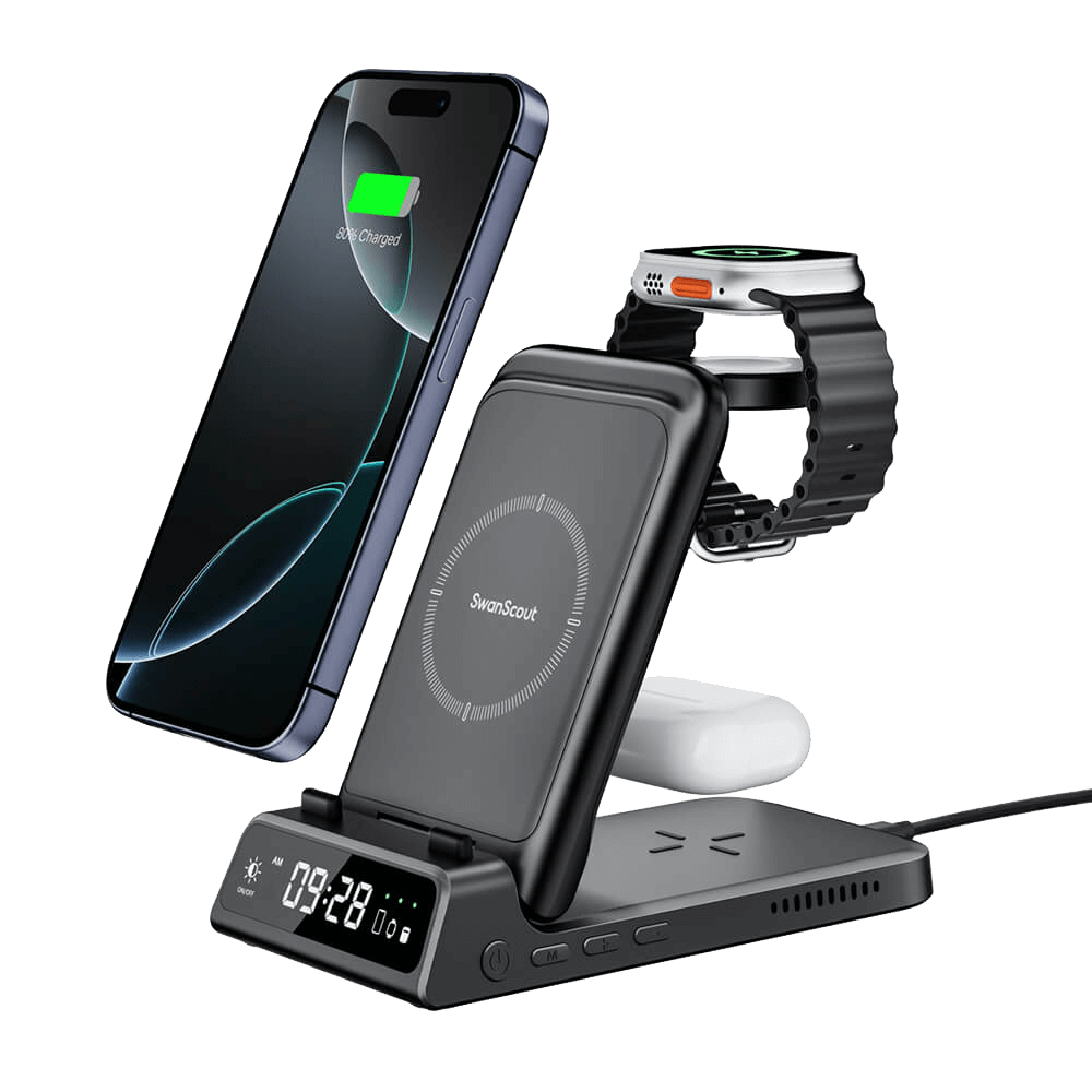 SwanScout 703A is a foldable 3-in-1 wireless charger compatible with Apple devices, featuring an elegant black design.
