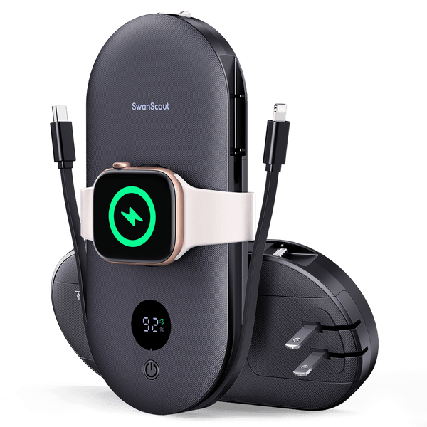 SwanScout 302A is a portable power bank compatible with Apple Watch and iPhone, featuring two built-in charging cables.