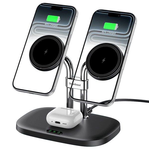 SwanScout 706M is a black magnetic dual phone wireless charger compatible with the iPhone 16e.