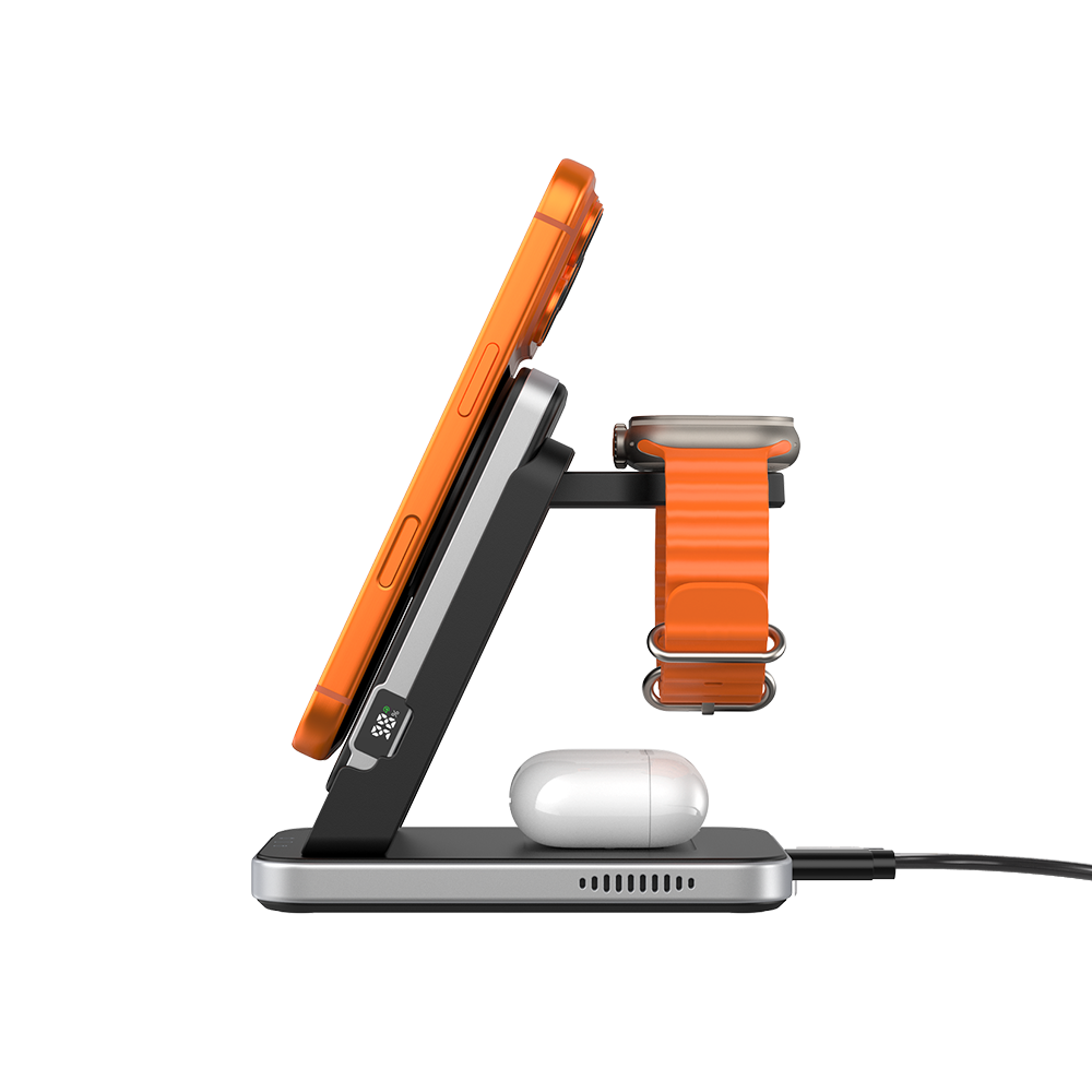 Side view of SwanScout 304M showing the detachable magnetic battery pack charging an iPhone and Apple Watch 10, perfect for travel portability.