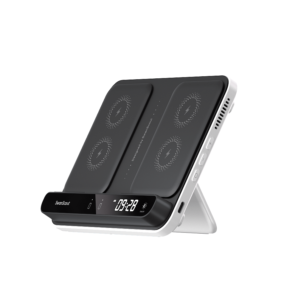 Front-right angled view of SwanScout 504F, a foldable and portable charging solution perfect for Google Pixel 10 Pro Fold and Z Fold series.